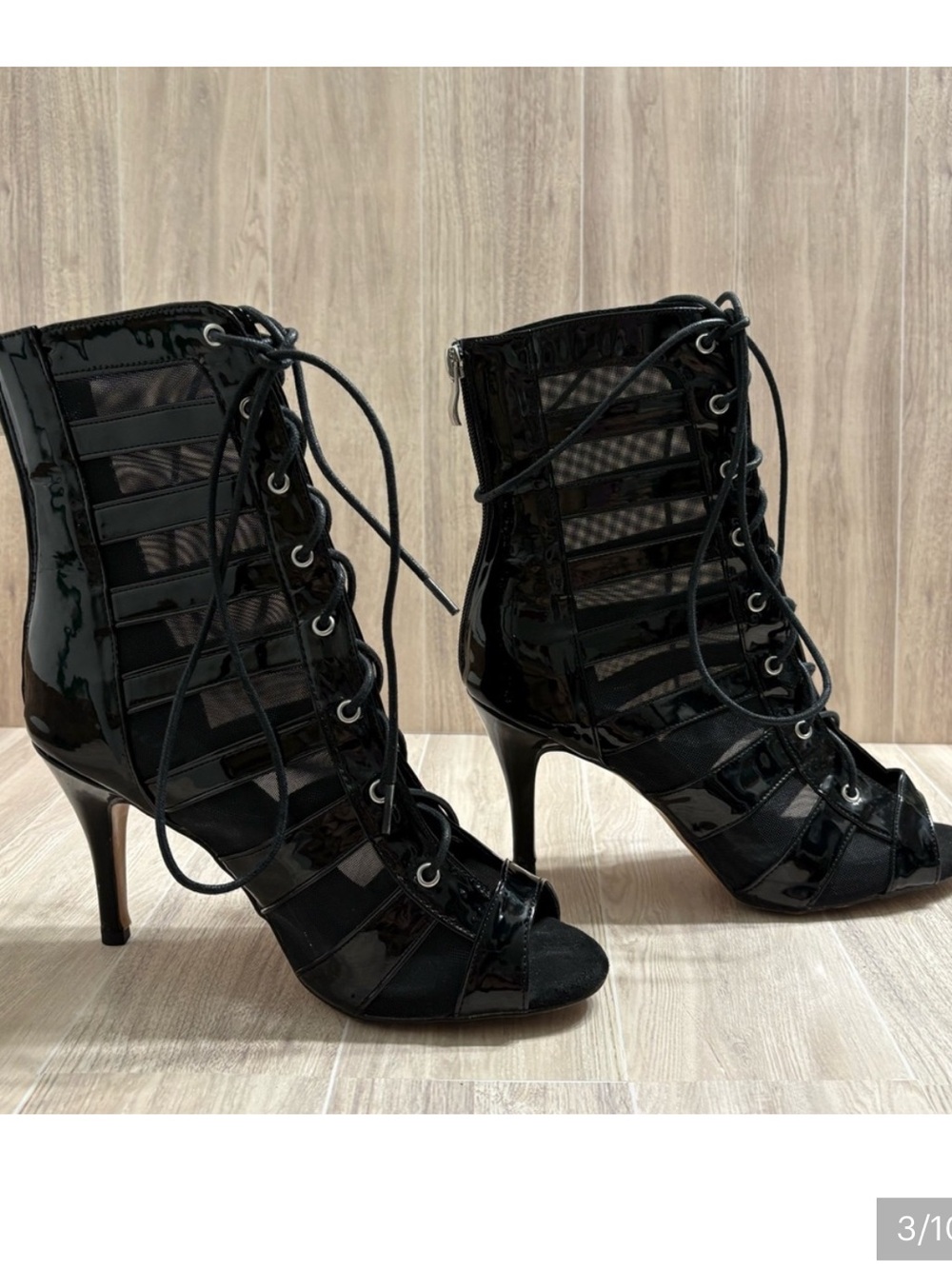 *Burju Shoes Tempest Black Faux Patent Leather Mesh Cutout Lace-Up Ankle Heels